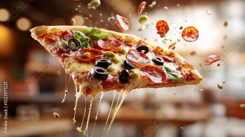 Flying Slice of Pizza with Melting Cheese and Ingredients for Restaurant and Fast Food Design