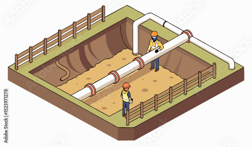 Isometric Illustration of an Excavation Site with Engineers Supervising a Construction Project for Underground Pipeline Installation     