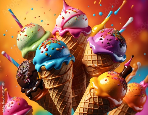 Colourful ice cream in cones  with bright splashes 