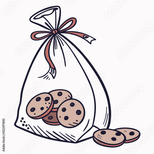 Hand drawn illustration of a clear cellophane bag filled with chocolate chip cookies tied with a ribbon.