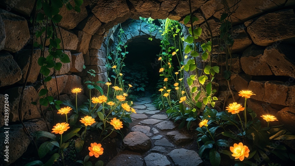 Obraz premium Hidden garden pathway with stone walls and blooming flowers 