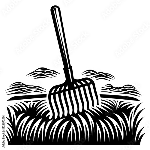 Black and white illustration of a pitchfork in grass