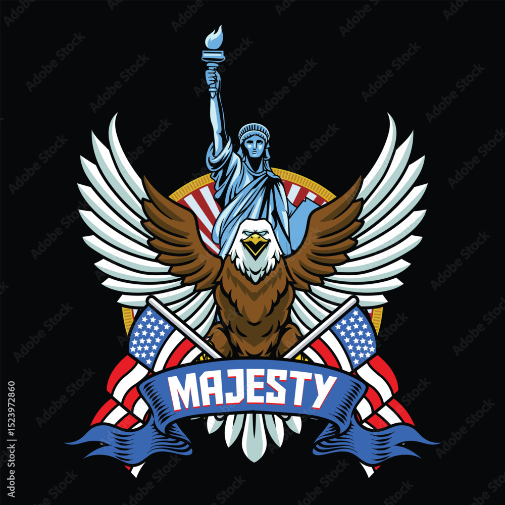 Fototapeta premium 4th of July Independence Day Bald Eagle with American Flag Shield and Liberty Statue Illustration