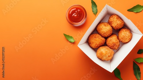 Wallpaper Mural Crispy fried balls in a white paper box, garnished with leaves, on an orange background Torontodigital.ca
