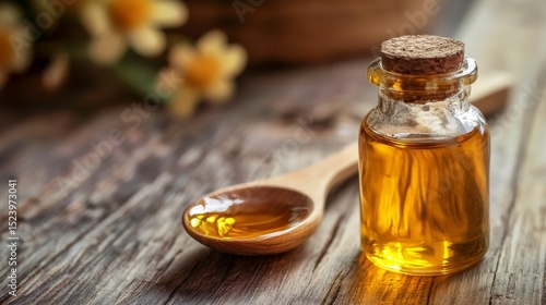 Wallpaper Mural Glass Bottle with Castor Oil and Wooden Spoon on Rustic Table Torontodigital.ca