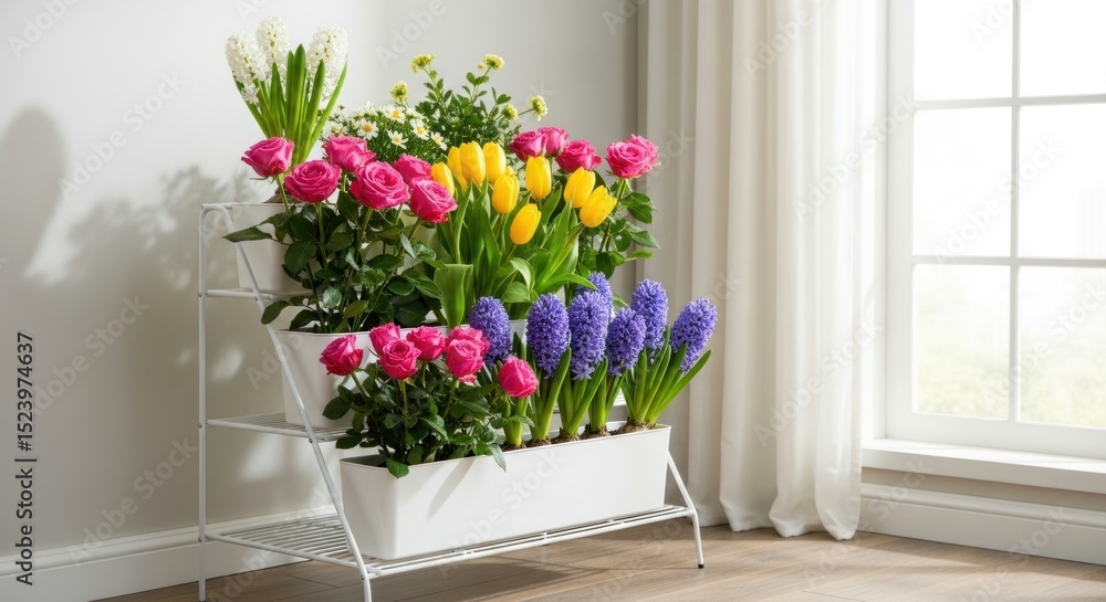 Fototapeta premium Multi-tiered planter stand filled with colorful flowers.