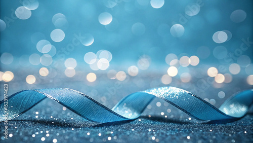 Gradient blue background decorated with glitter, bokeh and ribbons.
