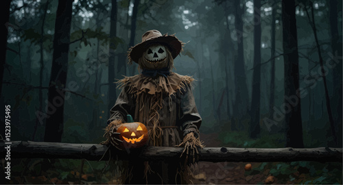 A scarecrow topped with a pumpkin head is positioned in the woods, adding a festive element to the natural surroundings.  
