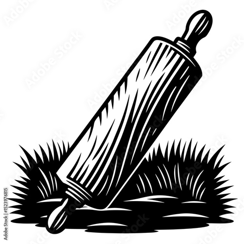 Wooden rolling pin in grass black and white illustration