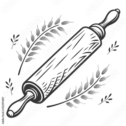 Hand drawn wooden rolling pin with wheat