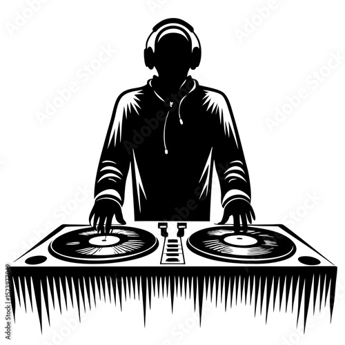 Silhouette of dj with turntables and headphones
