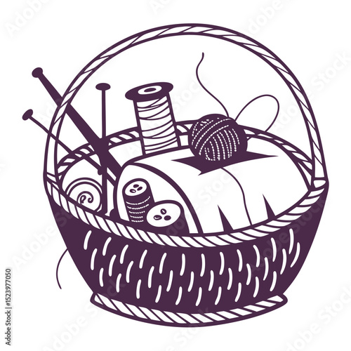 Knitting basket with yarn needles and buttons