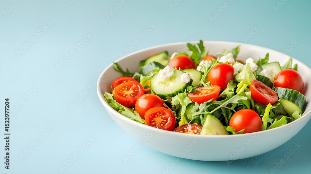 Side view of a fresh salad bowl with tomatoes, cucumber, and feta cheese on a light blue background. There is space for text. There is also space to add a logo or title, Generative AI Side view of a fresh salad bowl with tomatoes, cucumber, and feta cheese on a light blue background. There is space for text. There is also space to add a logo or title, Generative AI