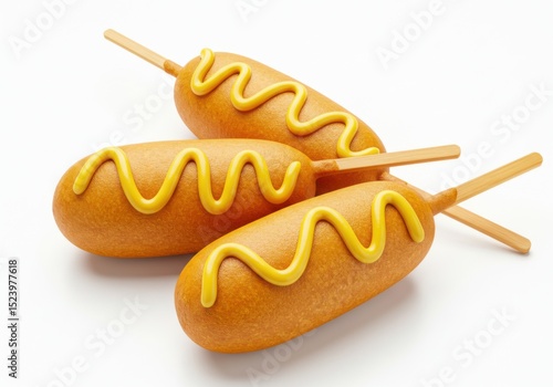 Three corn dogs with mustard isolated on white background