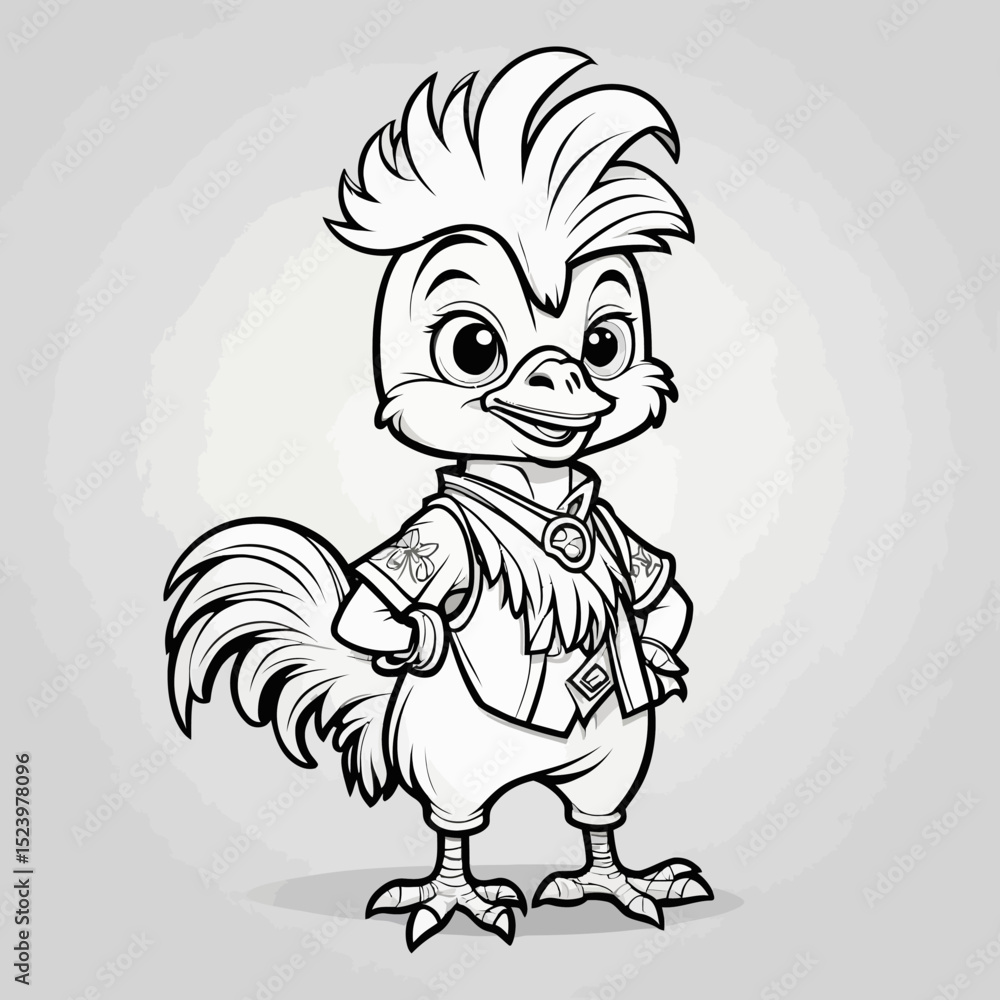 Obraz premium Rooster Cartoon Character Outline for Coloring – Farm Animal Line Art Vector for Kids’ Printable Activities and Educational Use