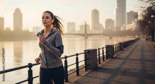Woman Jogging Along City Waterfront