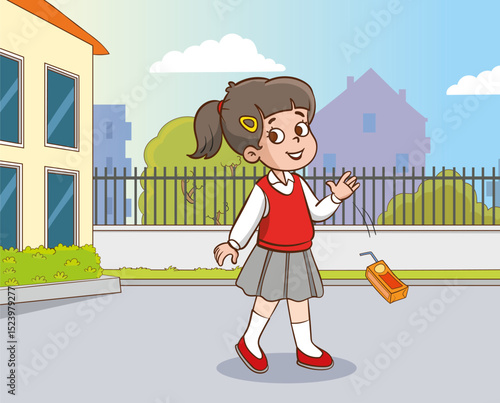 Child polluting the environment.Girl student throwing her trash on the ground