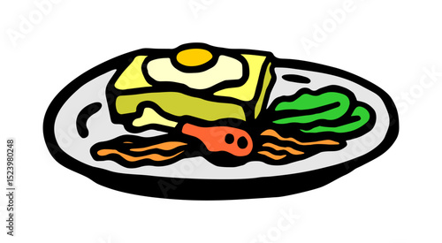 
Vector color illustration of a balanced delicious dish, with egg, in a large flat plate on a white isolated background