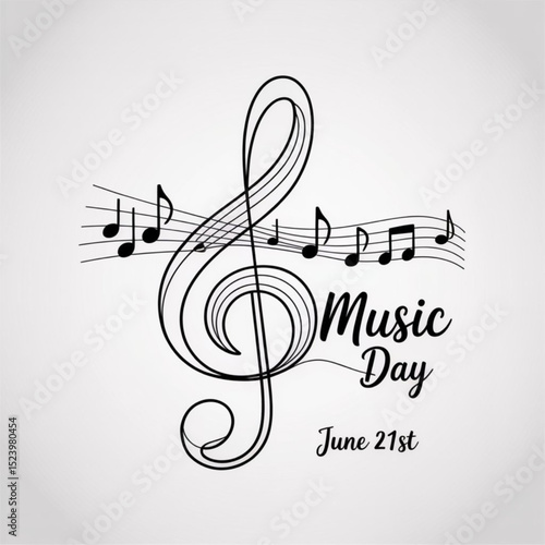 World Music Day in  June 21  simple vector  with treble clef sign and musical notes. One continuous line drawing with text Music Day. vector illustration on white background.

