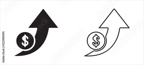 Dollar Symbol with Upward Arrow Icon – Solid and Outline Style for Financial Growth and Profit. Victor illustration eps 10