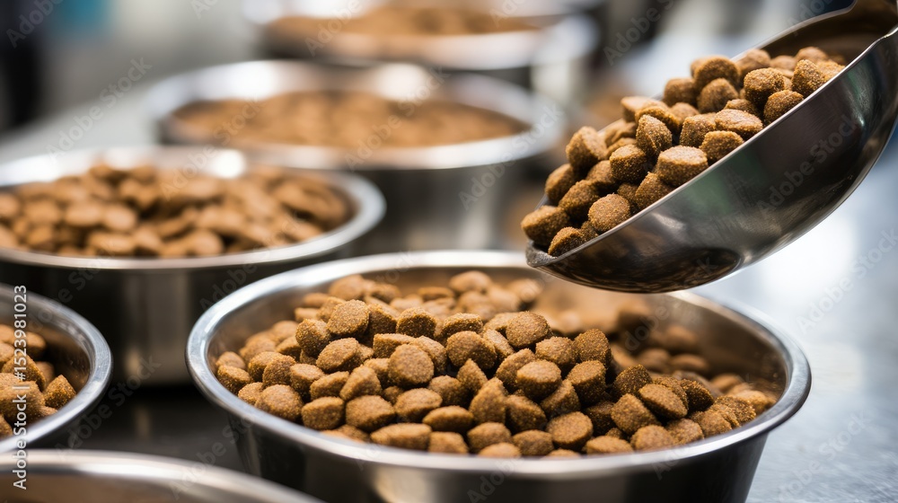 Fototapeta premium Dry cat food in scoop being poured into measuring container