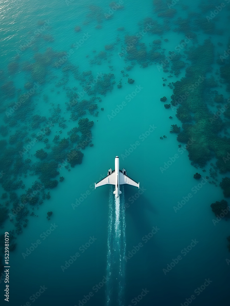 Naklejka premium A white jet streaks across a stunning turquoise ocean, offering an aerial view of the water below.
