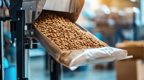 Dry pet food being weighed and poured into packaging machine