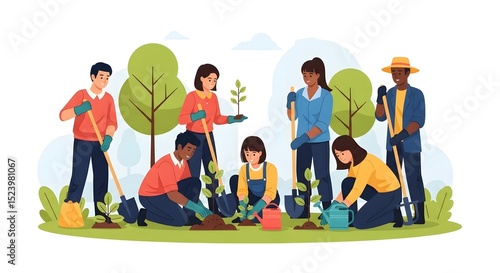 Group of people planting trees and seedlings in a garden with tools and equipment