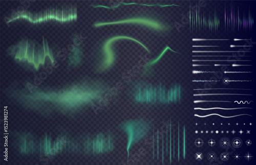 Aurora borealis and stars set on the dark transparent background. Vector night sky effects collection