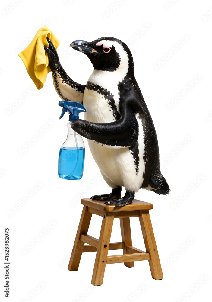 Obraz premium Penguin's Cleaning: A delightful penguin meticulously cleans, employing a spray bottle and cloth with a determined focus, perched atop a wooden stool. Capturing a whimsical scene.