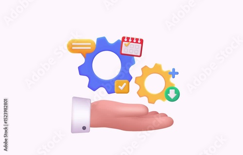Hand holding cogwheel gear, setting symbol. Technical support, repair, optimization and workflow concept. 3D Web animation