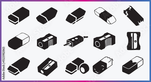Erasers and Pencil Sharpener Icons Set Stationery Tools Vector Collection