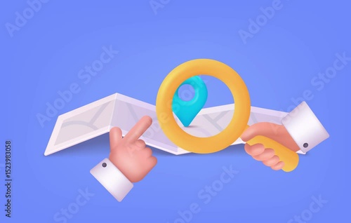 Map with pin.Hand holding magnifying glass. Icons with folded city map and red direction pointer. Element for Map, Social Media, Mobile Apps. Animation