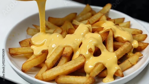 moment when melted cheese sauce cascades onto crispy fries in slow motion, creating a mesmerizing and delicious effect