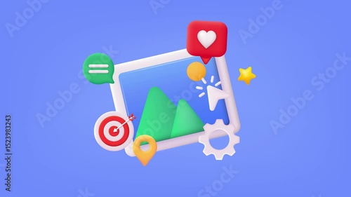 Social media platform, online social communication concept. Social network post surrounded with floating elements on blue background. 3d web animation