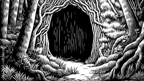 Black and white sketch vector of a cave entrance hidden behind thick vines and forest shadows