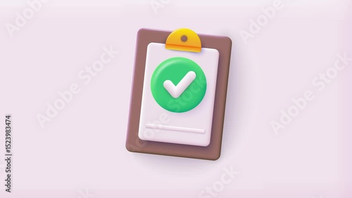 3D animation of checklist on a clipboard paper. Successful completion of business tasks.