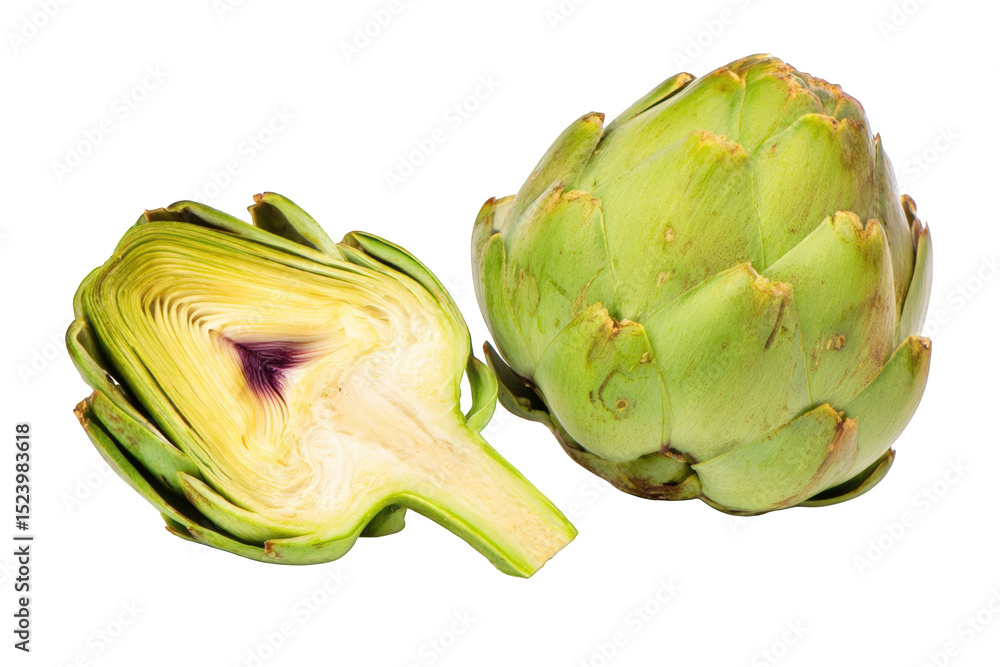 Obraz premium Fresh green artichoke halved showing detailed internal structure and texture with vibrant colors isolated on culinary vegetable ingredient cut food diet on transparent background