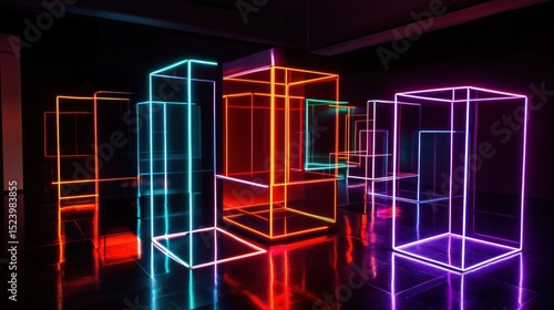 Neon Geometric Cubes in Dark Room with Colorful Light for Futuristic and Modern Design