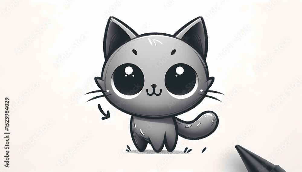 Obraz premium Adorable grey cartoon cat illustration with big eyes and cute expression