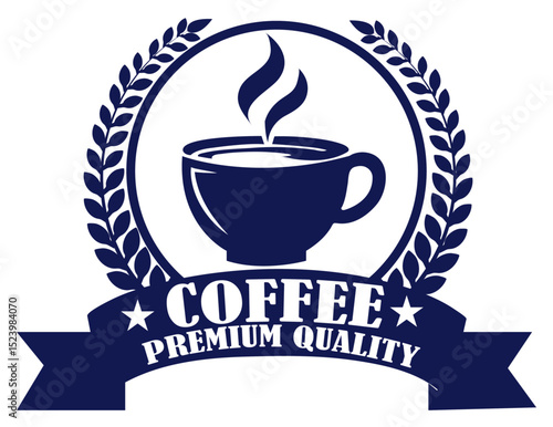 Blue coffee premium quality logo badge with steaming cup laurel wreath and ribbon banner for cafe branding signage. Vintage label for hot drinks. Coffee symbol with steam art