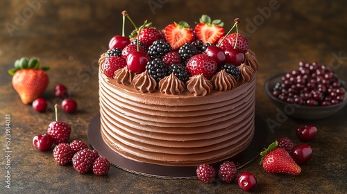 Chocolate cake with with berries, strawberries and cherries. cake on a dark brown background. HD 8k wallpaper photographic image