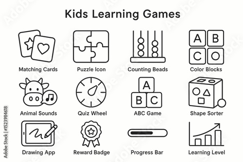 Interactive kids learning games icons for educational activities