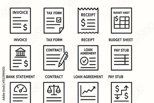 Financial documents icons: invoice, tax form, receipt, budget, bank statement, contract, loan, pay stub