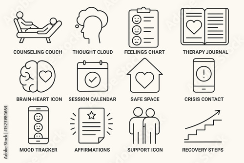 Mental health tools: therapy journal, support icons, crisis contact, safe space symbols, mood tracker