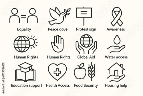 Icons depicting equality, peace, activism, health, and education support
