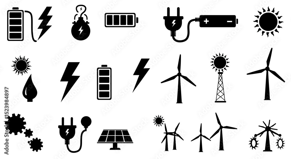 Fototapeta premium Black and White Energy Icons Batteries Lightning Bolts Solar Panel and Wind Turbines