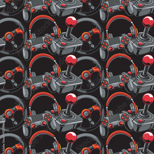 video game console headphone steering wheel gameboy gamepad controller digital seamless repeat pattern Illustration texture