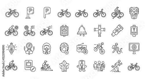 Bicycle and Cycling Accessories Line Art Icon Set with Parking Sign and Cyclists