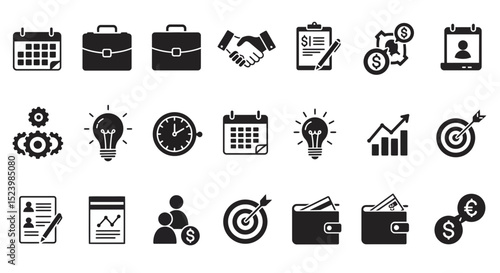 Business and Finance Icon Set Calendar Briefcase Handshake and More